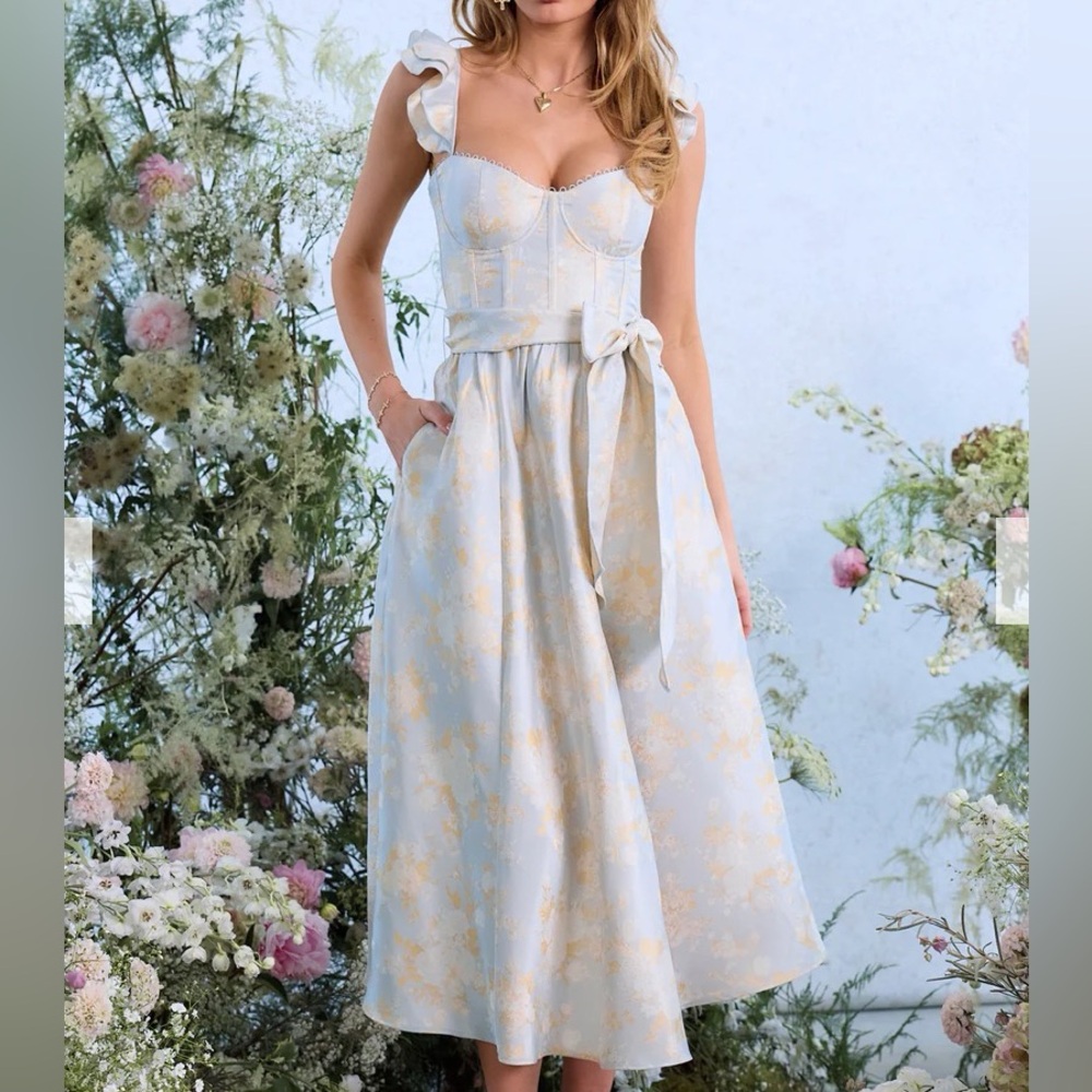 V. Chapman Vera Ruffle Strap Corset Side-Slit Midi Dress BALLAD BLUE BAROQUE